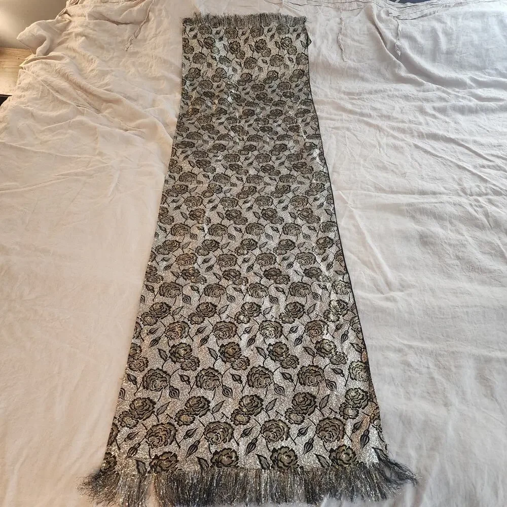 Inga-go Boutique Black and Gold Metallic Floral Scarf Wrap Size 19 x 70